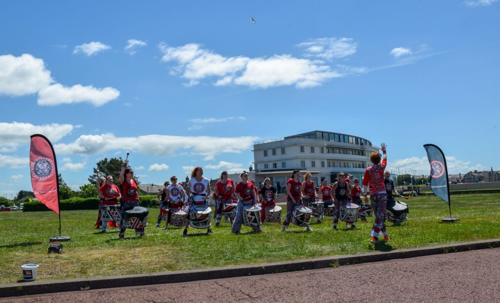 Batala playing in front of the Midland hotel, Morecambe