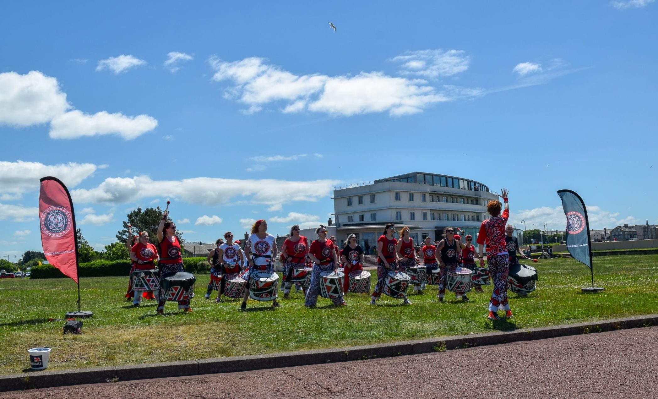 Batala playing in front of the Midland hotel, Morecambe